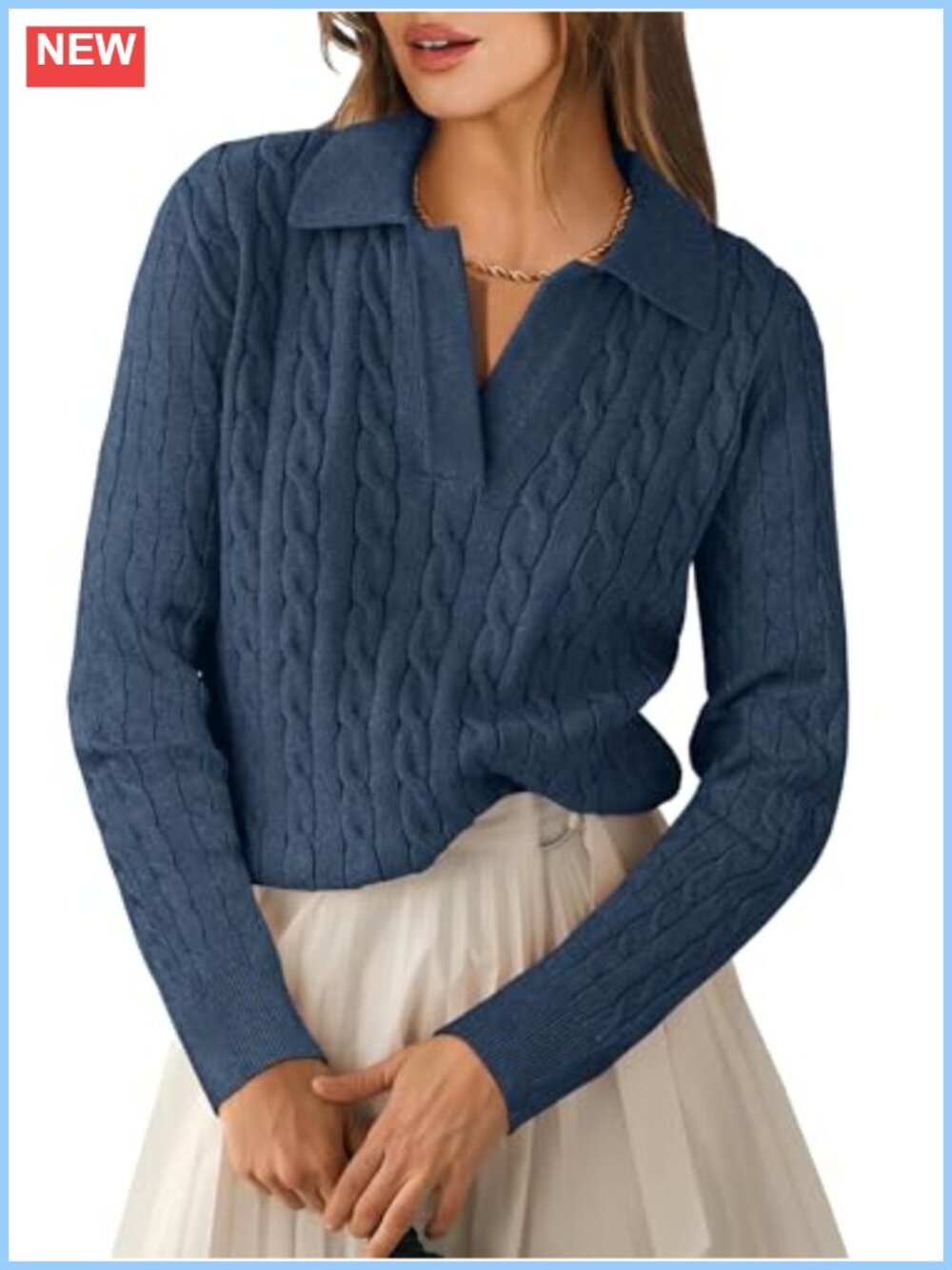 ANRABESS Cable Knit Sweater Long Sleeve Polo V-Neck Pullover